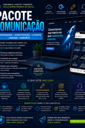 pacote comunicação hospedagem + manutenção + 8 posts + design + suporte