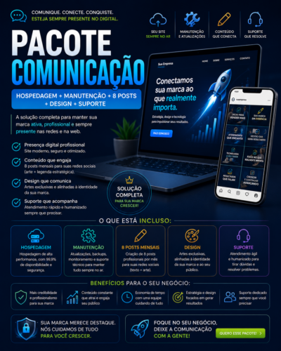 Home pacote comunicação hospedagem + manutenção + 8 posts + design + suporte